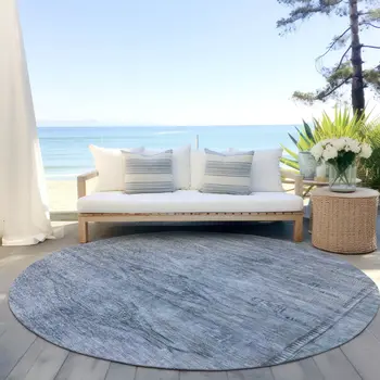 8' Sky Blue And Gray Round Aztec Washable Indoor Outdoor Area Rug