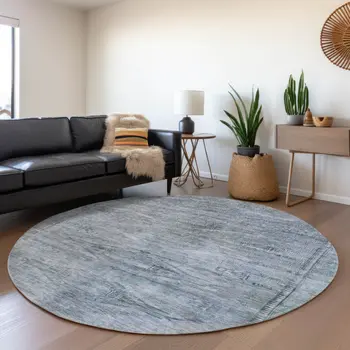 8' Sky Blue And Gray Round Aztec Washable Indoor Outdoor Area Rug
