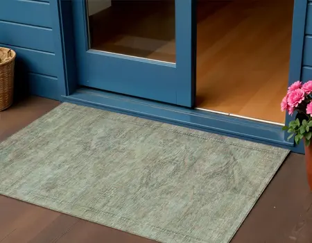3' X 5' Teal Blue And Sage Aztec Washable Indoor Outdoor Area Rug