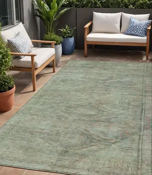 5' X 8' Teal Blue And Sage Aztec Washable Indoor Outdoor Area Rug