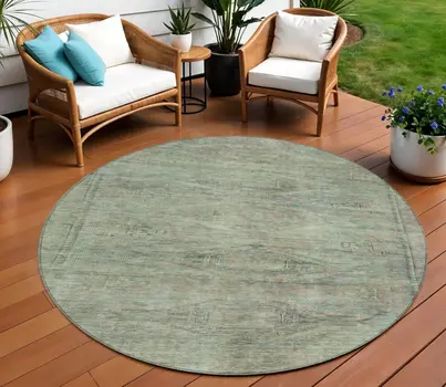 8' Teal Blue And Sage Round Aztec Washable Indoor Outdoor Area Rug