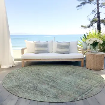 8' Teal Blue And Sage Round Aztec Washable Indoor Outdoor Area Rug