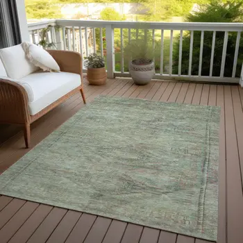 9' X 12' Teal Blue And Sage Aztec Washable Indoor Outdoor Area Rug
