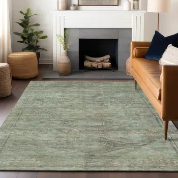 9' X 12' Teal Blue And Sage Aztec Washable Indoor Outdoor Area Rug