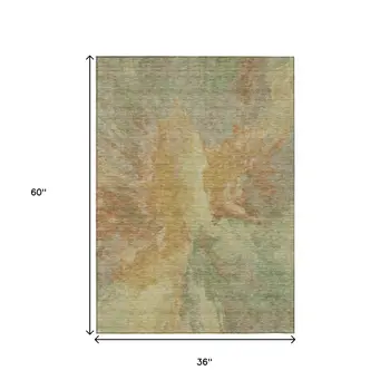 3' X 5' Artichoke Green And Gold Abstract Washable Indoor Outdoor Area Rug