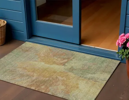 3' X 5' Artichoke Green And Gold Abstract Washable Indoor Outdoor Area Rug
