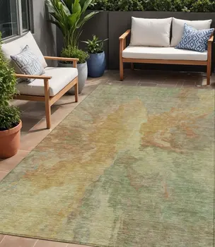 5' X 8' Artichoke Green And Gold Abstract Washable Indoor Outdoor Area Rug