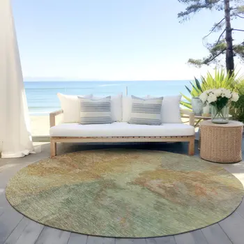 8' Artichoke Green And Gold Round Abstract Washable Indoor Outdoor Area Rug