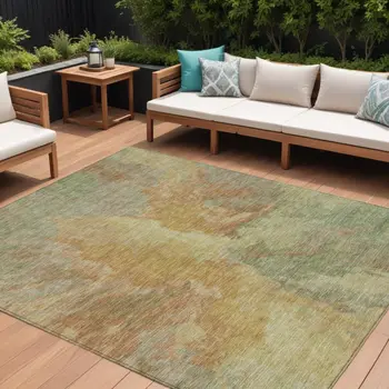 8' X 10' Artichoke Green And Gold Abstract Washable Indoor Outdoor Area Rug