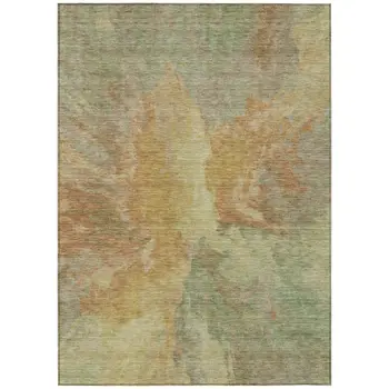 9' X 12' Artichoke Green And Gold Abstract Washable Indoor Outdoor Area Rug