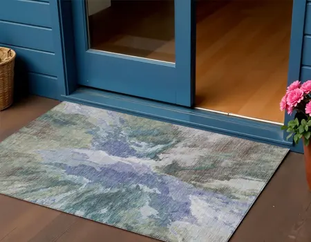 3' X 5' Blue And Gray Abstract Washable Indoor Outdoor Area Rug
