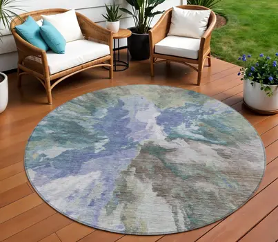 8' Blue And Gray Round Abstract Washable Indoor Outdoor Area Rug