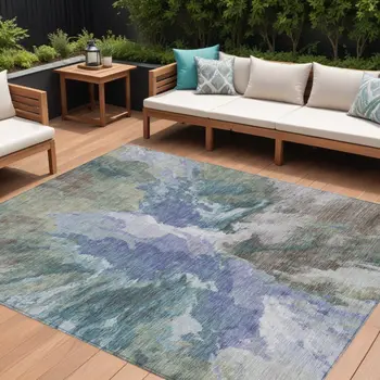 9' X 12' Blue And Gray Abstract Washable Indoor Outdoor Area Rug
