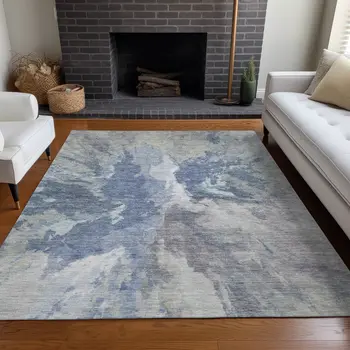 10' X 14' Denim Blue And Linen Abstract Washable Indoor Outdoor Area Rug