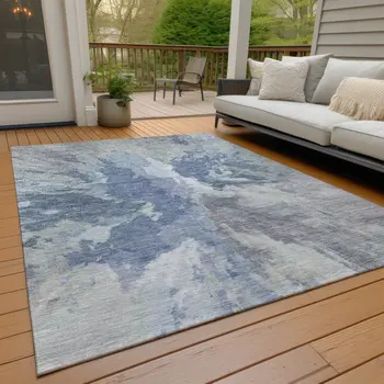 10' X 14' Denim Blue And Linen Abstract Washable Indoor Outdoor Area Rug