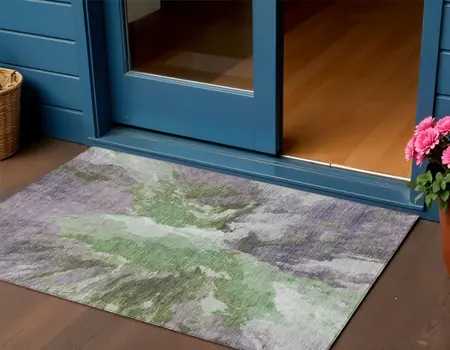 3' X 5' Green And Purple Abstract Washable Indoor Outdoor Area Rug