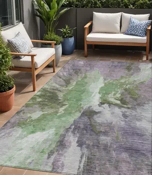 5' X 8' Green And Purple Abstract Washable Indoor Outdoor Area Rug