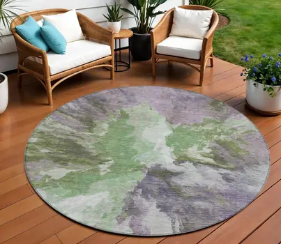 8' Green And Purple Round Abstract Washable Indoor Outdoor Area Rug