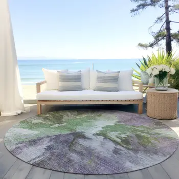 8' Green And Purple Round Abstract Washable Indoor Outdoor Area Rug