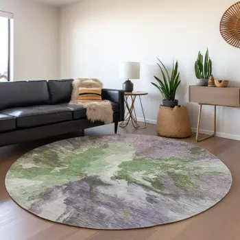 8' Green And Purple Round Abstract Washable Indoor Outdoor Area Rug