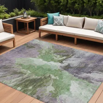 10' X 14' Green And Purple Abstract Washable Indoor Outdoor Area Rug