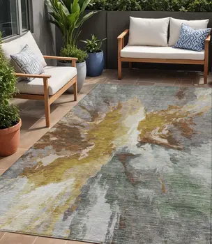 5' X 8' Gold And Gray Abstract Washable Indoor Outdoor Area Rug