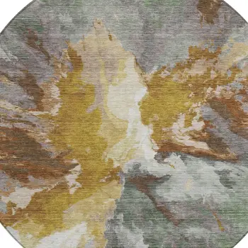 8' Gold And Gray Round Abstract Washable Indoor Outdoor Area Rug