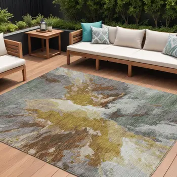 10' X 14' Gold And Gray Abstract Washable Indoor Outdoor Area Rug