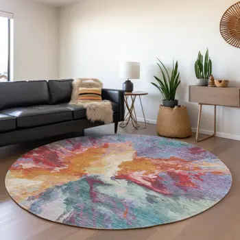 8' Orange Red And Teal Blue Round Abstract Washable Indoor Outdoor Area Rug
