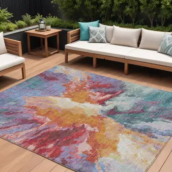 9' X 12' Orange Red And Teal Blue Abstract Washable Indoor Outdoor Area Rug