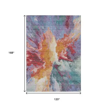 10' X 14' Orange Red And Teal Blue Abstract Washable Indoor Outdoor Area Rug