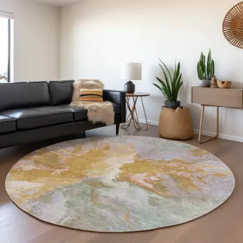 8' Rust And Lavender Round Abstract Washable Indoor Outdoor Area Rug