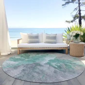 8' Teal Blue And Lavender Round Abstract Washable Indoor Outdoor Area Rug