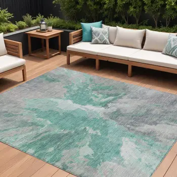 9' X 12' Teal Blue And Lavender Abstract Washable Indoor Outdoor Area Rug