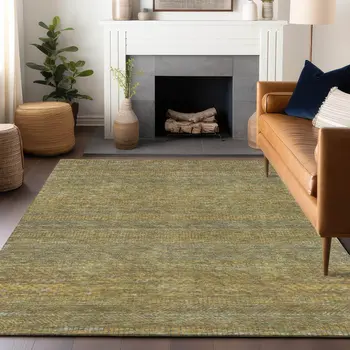 5' X 8' Sage And Gold Striped Washable Indoor Outdoor Area Rug