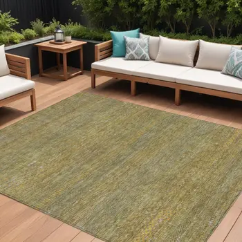 9' X 12' Sage And Gold Striped Washable Indoor Outdoor Area Rug
