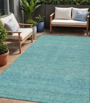 5' X 8' Aqua And Teal Blue Striped Washable Indoor Outdoor Area Rug