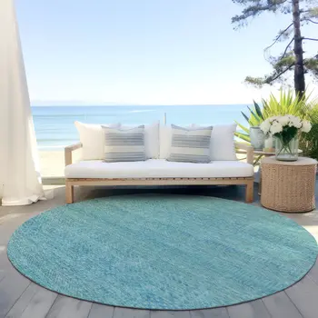 8' Aqua And Teal Blue Round Striped Washable Indoor Outdoor Area Rug
