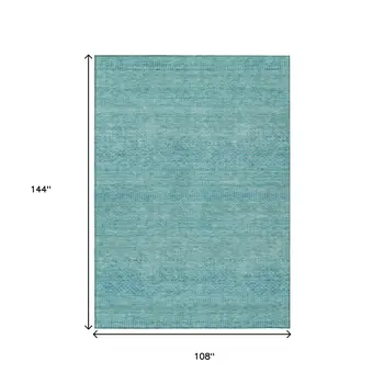 9' X 12' Aqua And Teal Blue Striped Washable Indoor Outdoor Area Rug