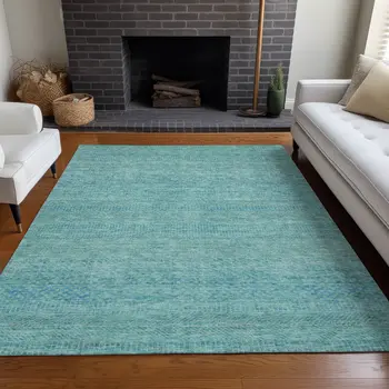 9' X 12' Aqua And Teal Blue Striped Washable Indoor Outdoor Area Rug