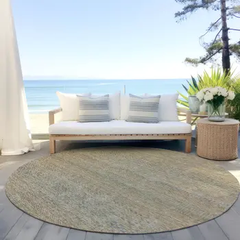 8' Beige And Taupe Round Striped Washable Indoor Outdoor Area Rug