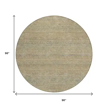 8' Beige And Taupe Round Striped Washable Indoor Outdoor Area Rug