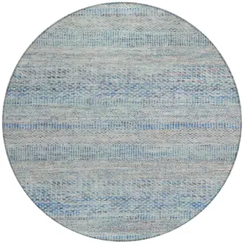 8' Blue And Charcoal Round Striped Washable Indoor Outdoor Area Rug