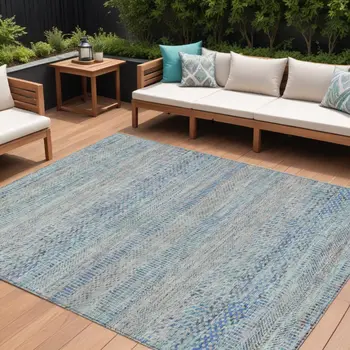 10' X 14' Blue And Charcoal Striped Washable Indoor Outdoor Area Rug