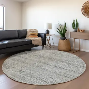 8' Gray And Charcoal Round Striped Washable Indoor Outdoor Area Rug