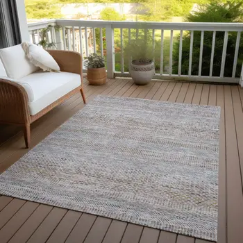 9' X 12' Linen And Gray Striped Washable Indoor Outdoor Area Rug