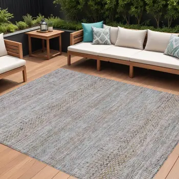 10' X 14' Linen And Gray Striped Washable Indoor Outdoor Area Rug