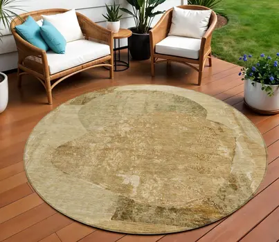 8' Brown And Beige Round Abstract Washable Indoor Outdoor Area Rug