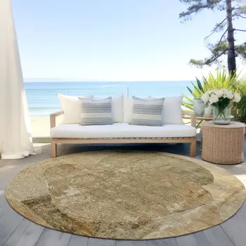 8' Brown And Beige Round Abstract Washable Indoor Outdoor Area Rug