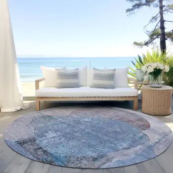 8' Blue And Sky Blue Round Abstract Washable Indoor Outdoor Area Rug